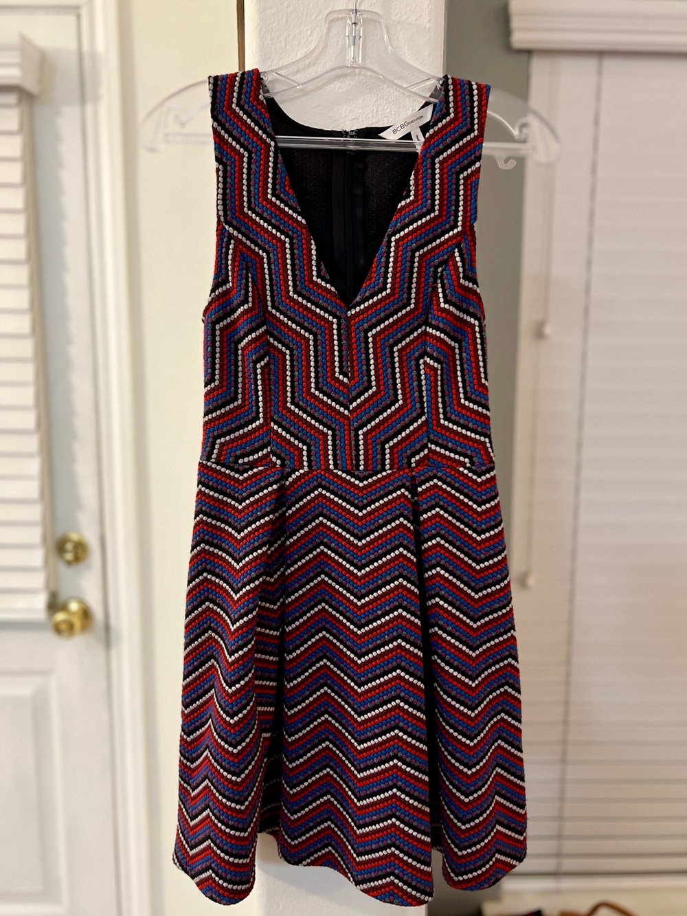 BCBGeneration Chevron Jacquard Fit & Flare Mini Dress Red, White, & Blue Sz 2